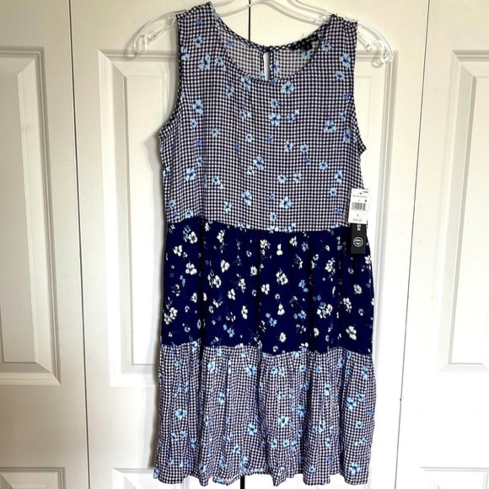 AS U WISH Women's S Navy Blue White Gingham‎ Floral Tiered Dress Sleeveless